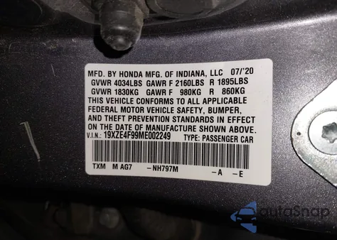 2021 Honda Insight Touring z USA, uszkodzony, nr VIN 19XZE4F99ME002249